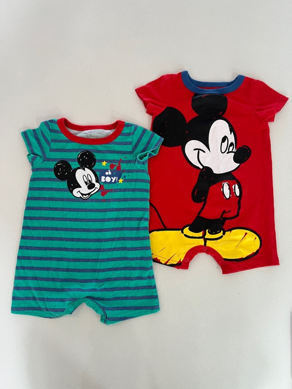 Disney Baby Mickey Mouse Red & Teal Striped Short-Sleeve One-Piece Set